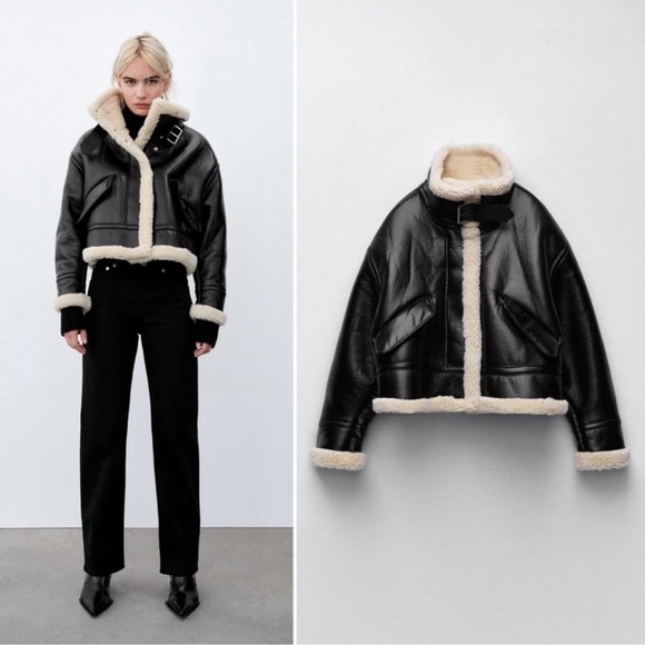 Zara Jackets & Blazers - ZARA Black Faux Leather Cream Fleece Lined Sz L